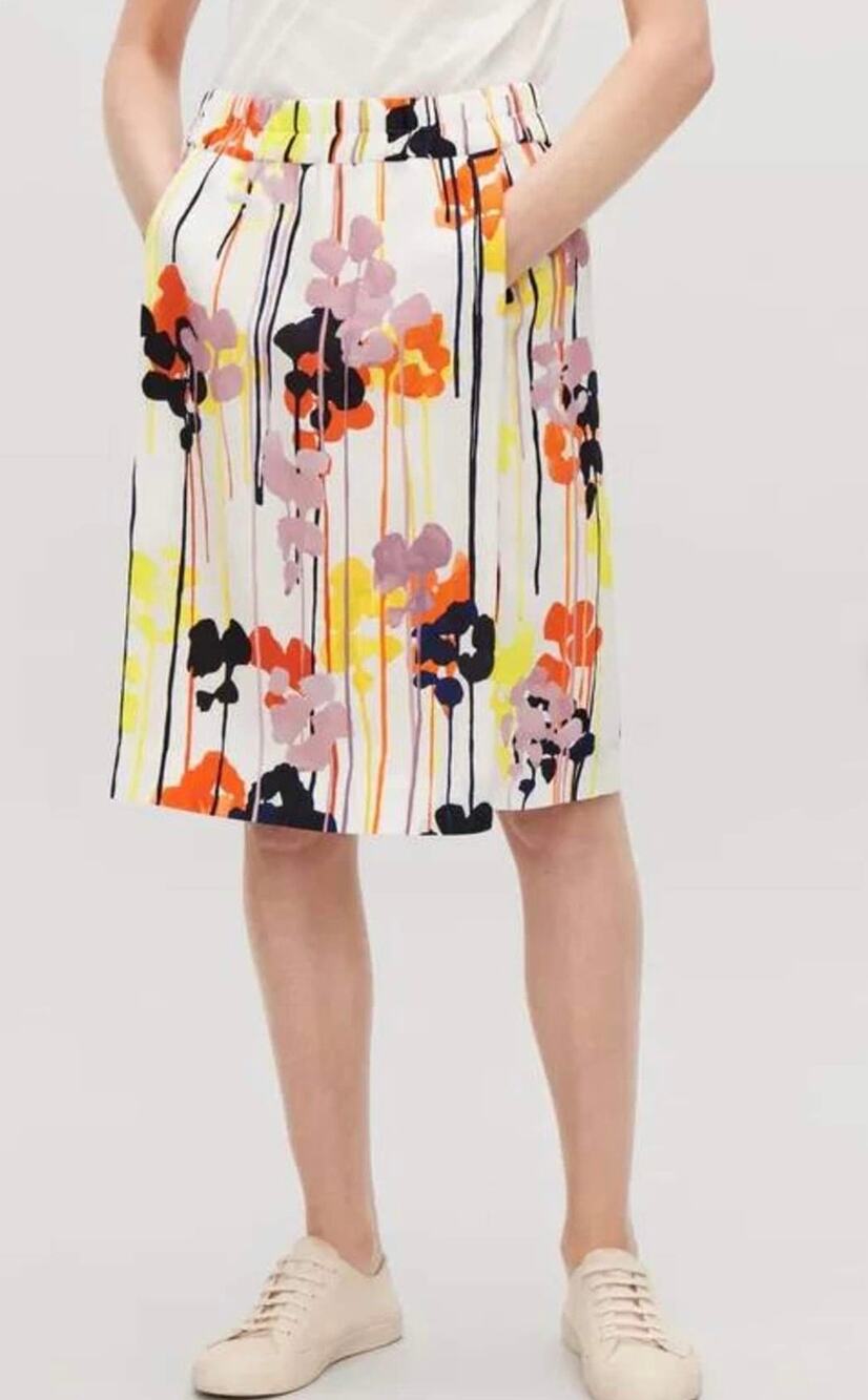 COS Abstract Floral Linen Blend Midi Skirt Size 8 Elastic Waist Pockets
